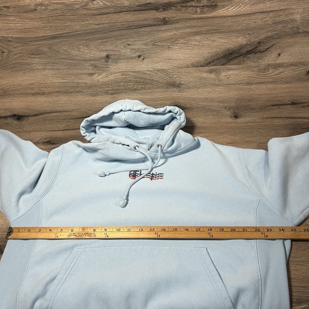 Champion Reverse Weave Triple Script Logo Pullover Hoodie Large Light Blue - Picture 7 of 8